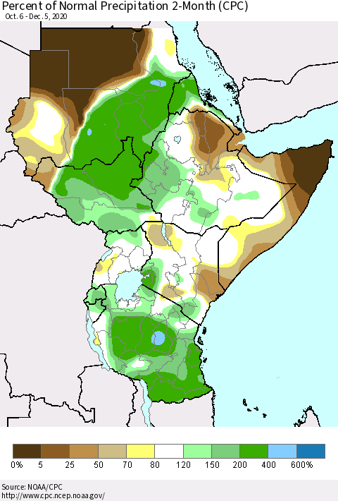 Eastern Africa Percent of Normal Precipitation 2-Month (CPC) Thematic Map For 10/6/2020 - 12/5/2020