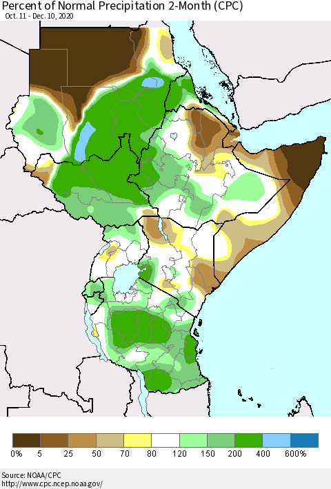 Eastern Africa Percent of Normal Precipitation 2-Month (CPC) Thematic Map For 10/11/2020 - 12/10/2020