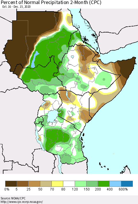 Eastern Africa Percent of Normal Precipitation 2-Month (CPC) Thematic Map For 10/16/2020 - 12/15/2020