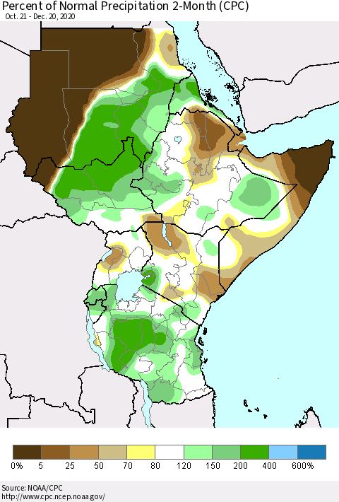 Eastern Africa Percent of Normal Precipitation 2-Month (CPC) Thematic Map For 10/21/2020 - 12/20/2020