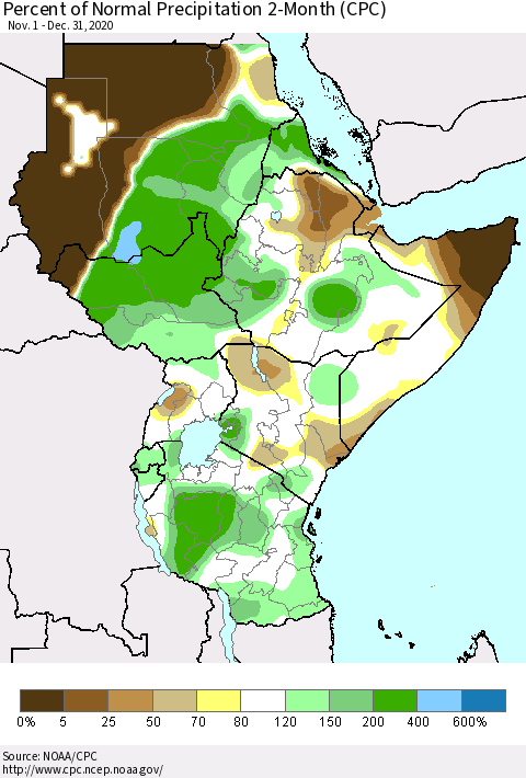 Eastern Africa Percent of Normal Precipitation 2-Month (CPC) Thematic Map For 11/1/2020 - 12/31/2020