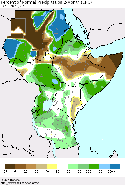 Eastern Africa Percent of Normal Precipitation 2-Month (CPC) Thematic Map For 1/6/2021 - 3/5/2021