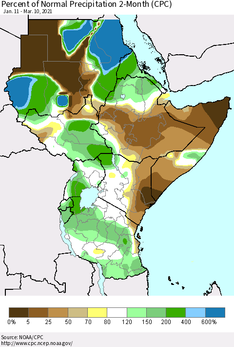 Eastern Africa Percent of Normal Precipitation 2-Month (CPC) Thematic Map For 1/11/2021 - 3/10/2021