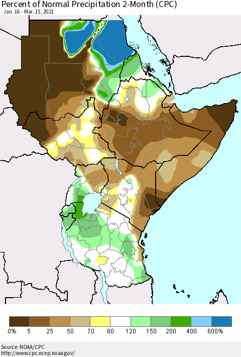 Eastern Africa Percent of Normal Precipitation 2-Month (CPC) Thematic Map For 1/16/2021 - 3/15/2021