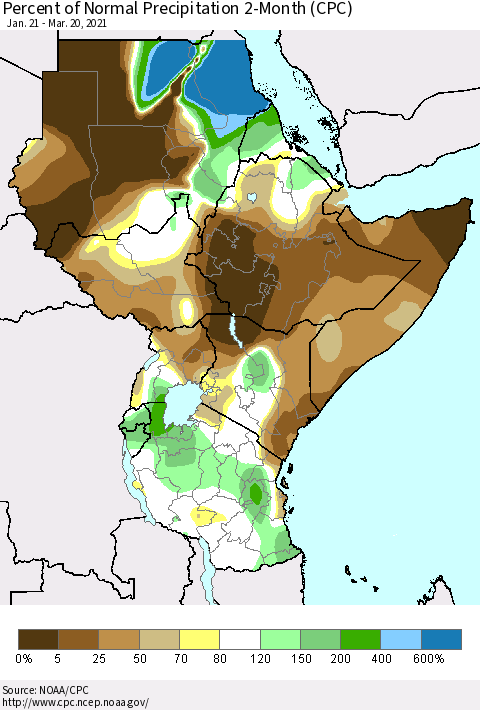 Eastern Africa Percent of Normal Precipitation 2-Month (CPC) Thematic Map For 1/21/2021 - 3/20/2021