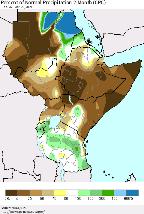 Eastern Africa Percent of Normal Precipitation 2-Month (CPC) Thematic Map For 1/26/2021 - 3/25/2021