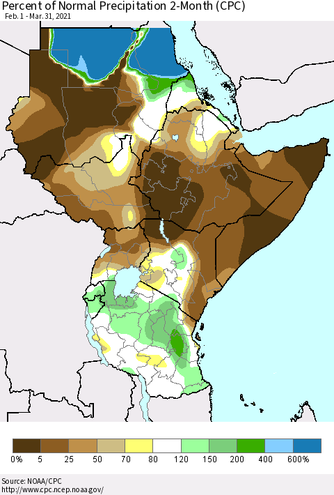 Eastern Africa Percent of Normal Precipitation 2-Month (CPC) Thematic Map For 2/1/2021 - 3/31/2021