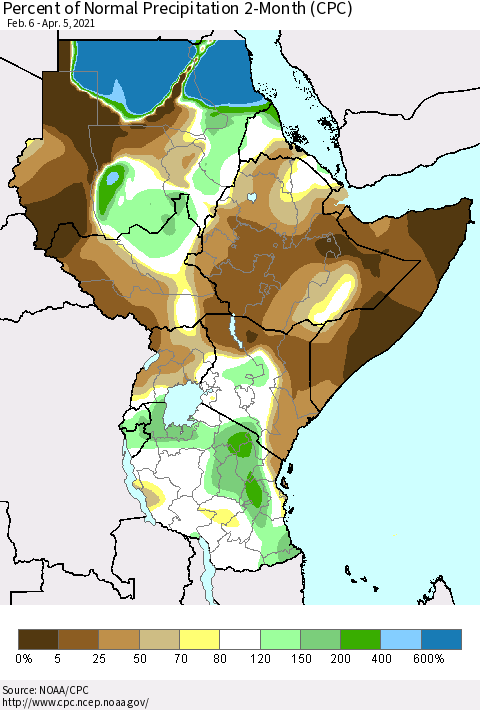 Eastern Africa Percent of Normal Precipitation 2-Month (CPC) Thematic Map For 2/6/2021 - 4/5/2021