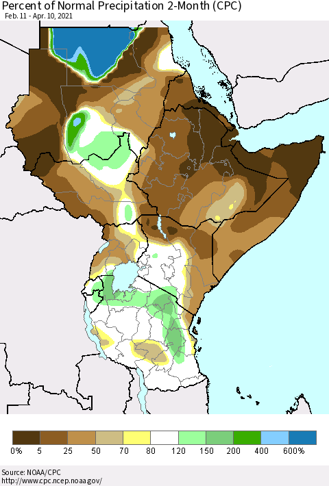 Eastern Africa Percent of Normal Precipitation 2-Month (CPC) Thematic Map For 2/11/2021 - 4/10/2021