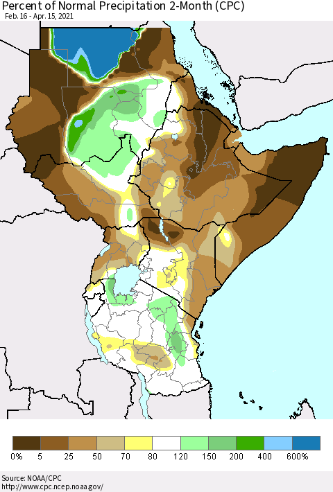 Eastern Africa Percent of Normal Precipitation 2-Month (CPC) Thematic Map For 2/16/2021 - 4/15/2021