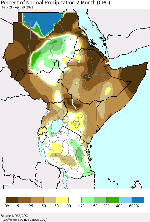 Eastern Africa Percent of Normal Precipitation 2-Month (CPC) Thematic Map For 2/21/2021 - 4/20/2021