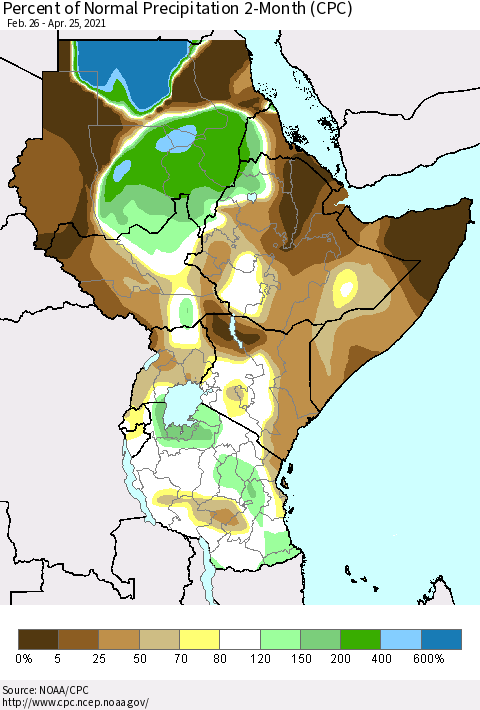 Eastern Africa Percent of Normal Precipitation 2-Month (CPC) Thematic Map For 2/26/2021 - 4/25/2021