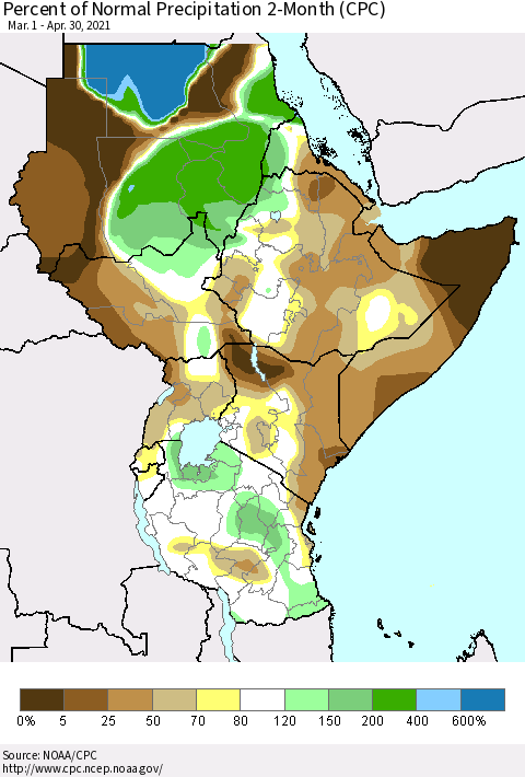 Eastern Africa Percent of Normal Precipitation 2-Month (CPC) Thematic Map For 3/1/2021 - 4/30/2021