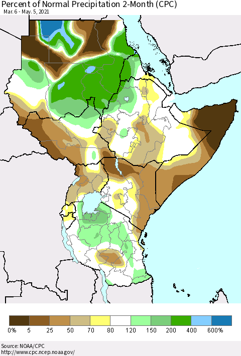 Eastern Africa Percent of Normal Precipitation 2-Month (CPC) Thematic Map For 3/6/2021 - 5/5/2021