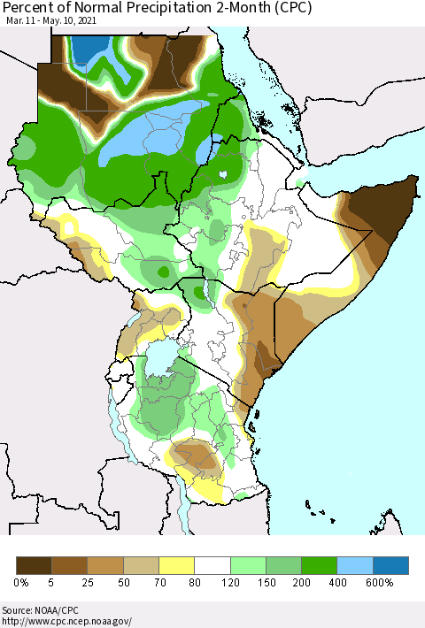 Eastern Africa Percent of Normal Precipitation 2-Month (CPC) Thematic Map For 3/11/2021 - 5/10/2021