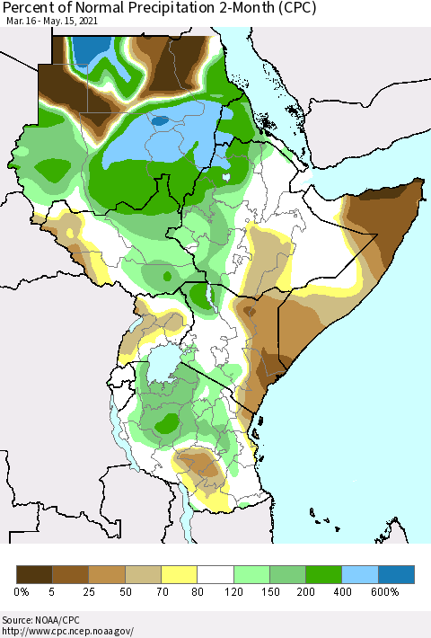 Eastern Africa Percent of Normal Precipitation 2-Month (CPC) Thematic Map For 3/16/2021 - 5/15/2021
