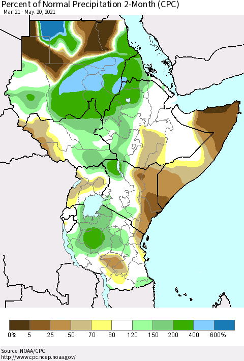 Eastern Africa Percent of Normal Precipitation 2-Month (CPC) Thematic Map For 3/21/2021 - 5/20/2021