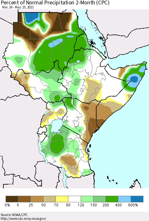 Eastern Africa Percent of Normal Precipitation 2-Month (CPC) Thematic Map For 3/26/2021 - 5/25/2021