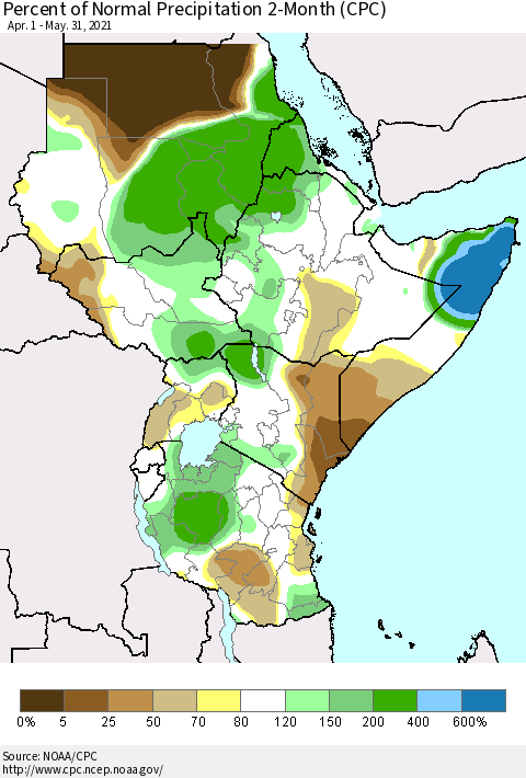 Eastern Africa Percent of Normal Precipitation 2-Month (CPC) Thematic Map For 4/1/2021 - 5/31/2021