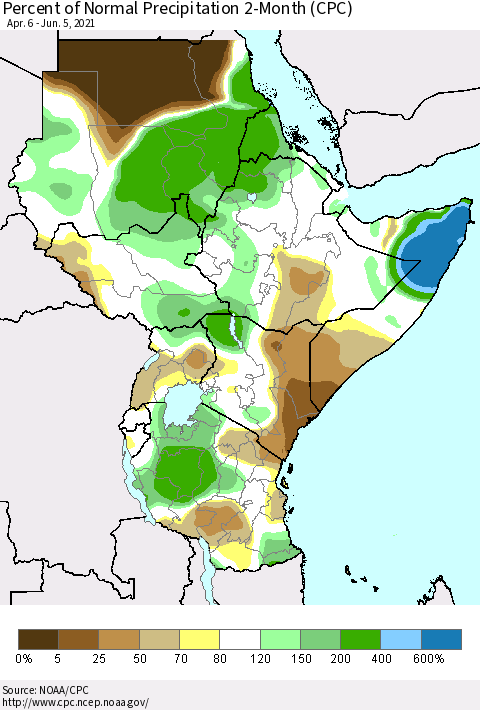 Eastern Africa Percent of Normal Precipitation 2-Month (CPC) Thematic Map For 4/6/2021 - 6/5/2021