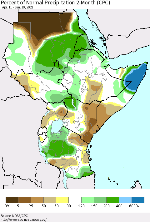 Eastern Africa Percent of Normal Precipitation 2-Month (CPC) Thematic Map For 4/11/2021 - 6/10/2021