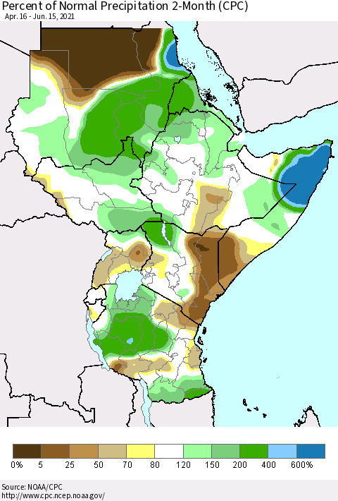 Eastern Africa Percent of Normal Precipitation 2-Month (CPC) Thematic Map For 4/16/2021 - 6/15/2021