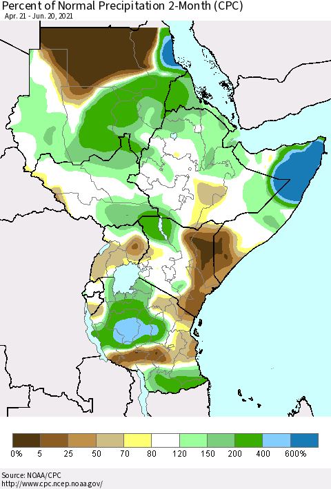 Eastern Africa Percent of Normal Precipitation 2-Month (CPC) Thematic Map For 4/21/2021 - 6/20/2021