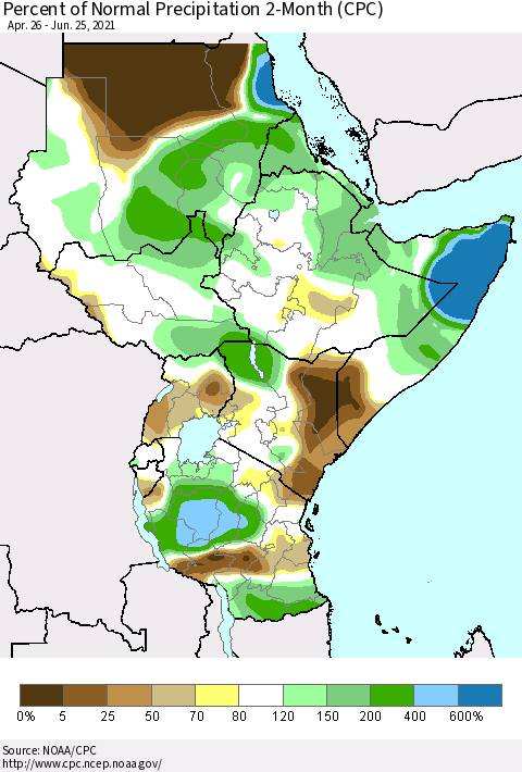 Eastern Africa Percent of Normal Precipitation 2-Month (CPC) Thematic Map For 4/26/2021 - 6/25/2021