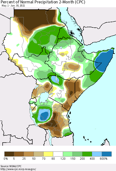 Eastern Africa Percent of Normal Precipitation 2-Month (CPC) Thematic Map For 5/1/2021 - 6/30/2021