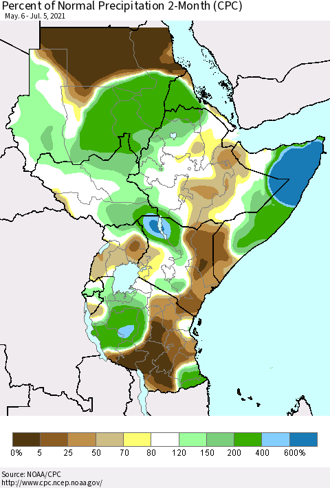 Eastern Africa Percent of Normal Precipitation 2-Month (CPC) Thematic Map For 5/6/2021 - 7/5/2021