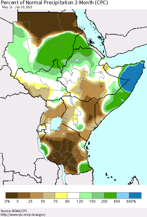 Eastern Africa Percent of Normal Precipitation 2-Month (CPC) Thematic Map For 5/11/2021 - 7/10/2021