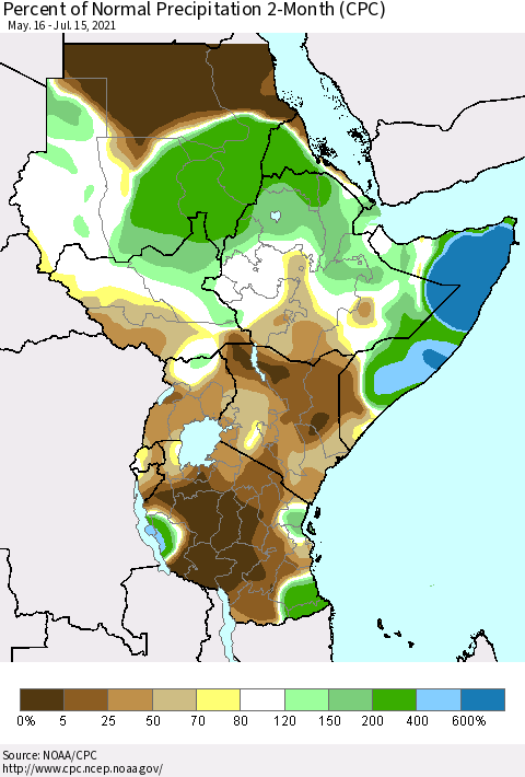 Eastern Africa Percent of Normal Precipitation 2-Month (CPC) Thematic Map For 5/16/2021 - 7/15/2021