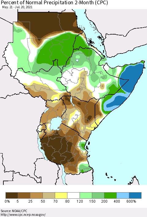 Eastern Africa Percent of Normal Precipitation 2-Month (CPC) Thematic Map For 5/21/2021 - 7/20/2021