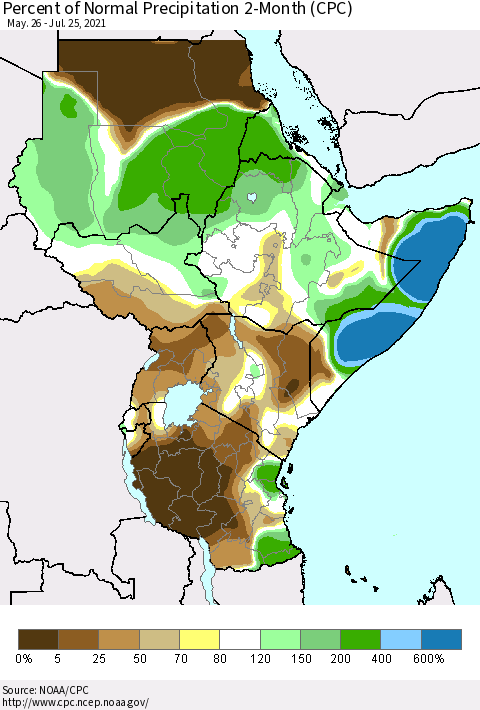 Eastern Africa Percent of Normal Precipitation 2-Month (CPC) Thematic Map For 5/26/2021 - 7/25/2021