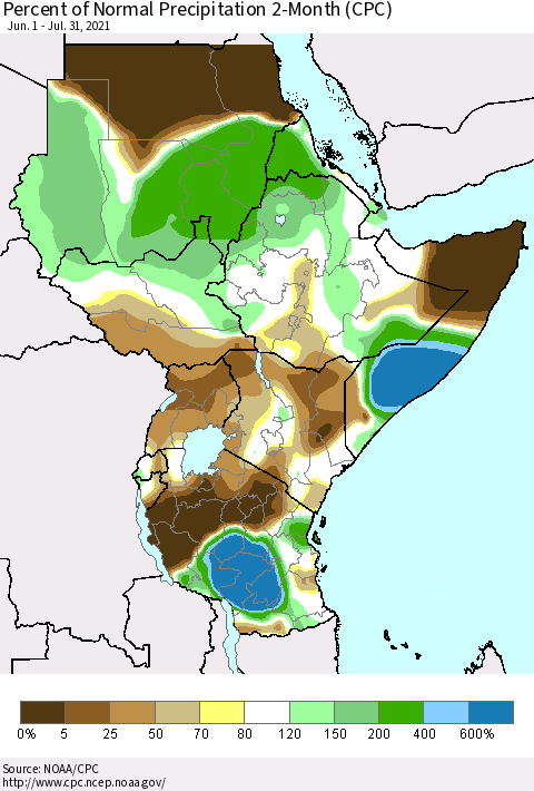 Eastern Africa Percent of Normal Precipitation 2-Month (CPC) Thematic Map For 6/1/2021 - 7/31/2021