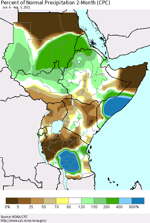 Eastern Africa Percent of Normal Precipitation 2-Month (CPC) Thematic Map For 6/6/2021 - 8/5/2021