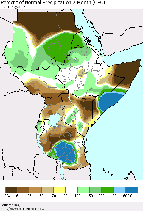 Eastern Africa Percent of Normal Precipitation 2-Month (CPC) Thematic Map For 7/1/2021 - 8/31/2021