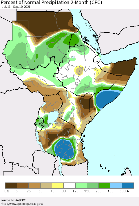 Eastern Africa Percent of Normal Precipitation 2-Month (CPC) Thematic Map For 7/11/2021 - 9/10/2021