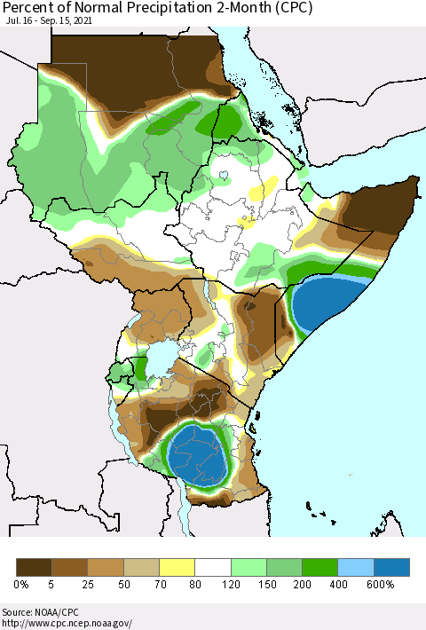 Eastern Africa Percent of Normal Precipitation 2-Month (CPC) Thematic Map For 7/16/2021 - 9/15/2021