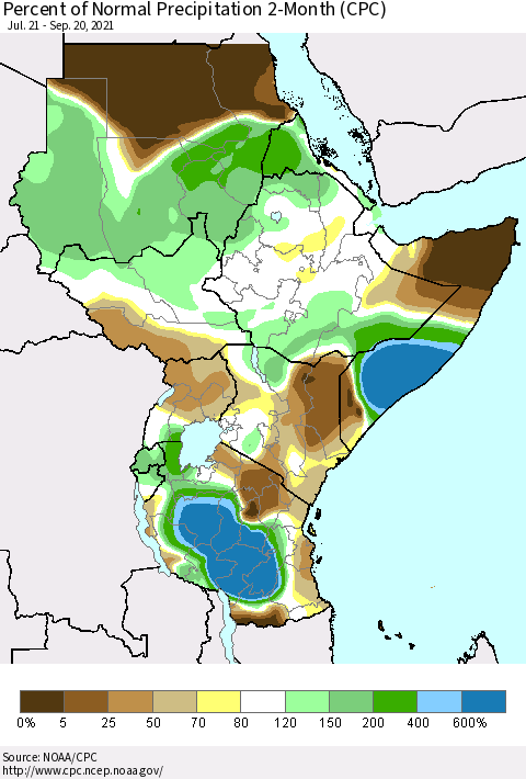Eastern Africa Percent of Normal Precipitation 2-Month (CPC) Thematic Map For 7/21/2021 - 9/20/2021