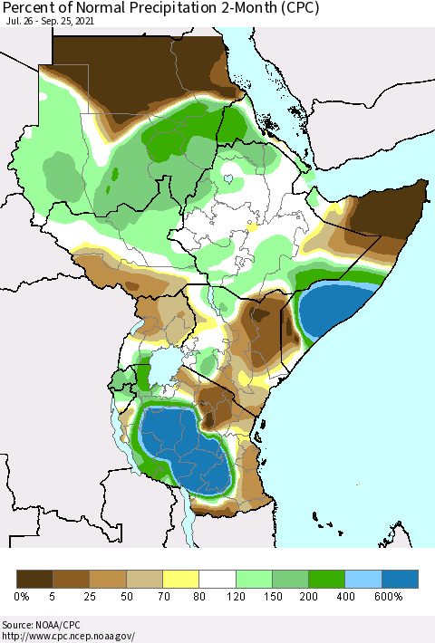 Eastern Africa Percent of Normal Precipitation 2-Month (CPC) Thematic Map For 7/26/2021 - 9/25/2021