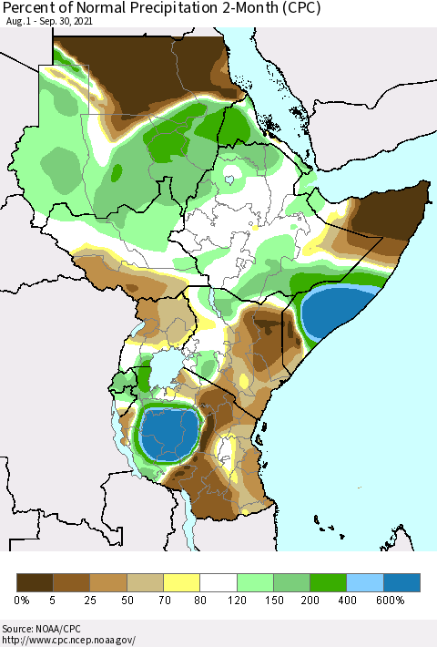 Eastern Africa Percent of Normal Precipitation 2-Month (CPC) Thematic Map For 8/1/2021 - 9/30/2021