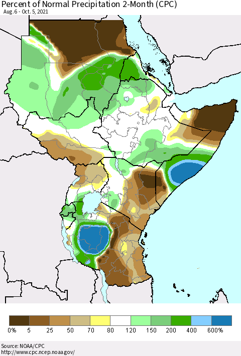 Eastern Africa Percent of Normal Precipitation 2-Month (CPC) Thematic Map For 8/6/2021 - 10/5/2021