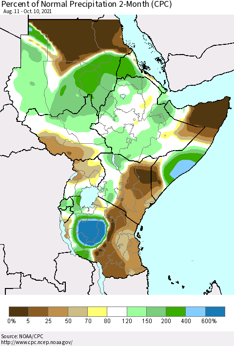 Eastern Africa Percent of Normal Precipitation 2-Month (CPC) Thematic Map For 8/11/2021 - 10/10/2021