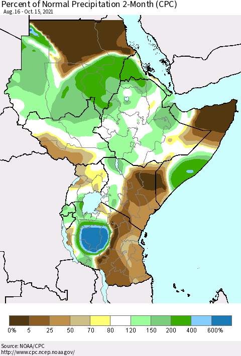 Eastern Africa Percent of Normal Precipitation 2-Month (CPC) Thematic Map For 8/16/2021 - 10/15/2021