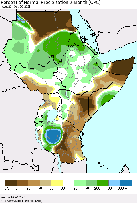 Eastern Africa Percent of Normal Precipitation 2-Month (CPC) Thematic Map For 8/21/2021 - 10/20/2021