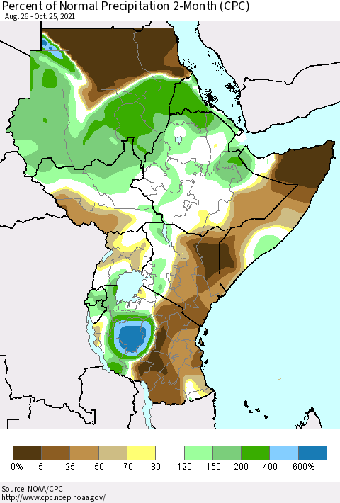 Eastern Africa Percent of Normal Precipitation 2-Month (CPC) Thematic Map For 8/26/2021 - 10/25/2021