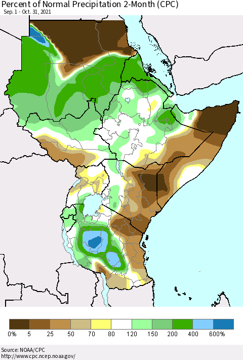 Eastern Africa Percent of Normal Precipitation 2-Month (CPC) Thematic Map For 9/1/2021 - 10/31/2021