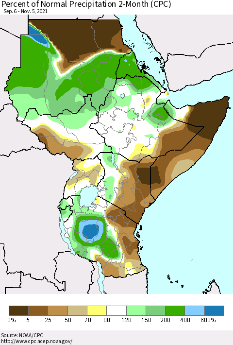 Eastern Africa Percent of Normal Precipitation 2-Month (CPC) Thematic Map For 9/6/2021 - 11/5/2021