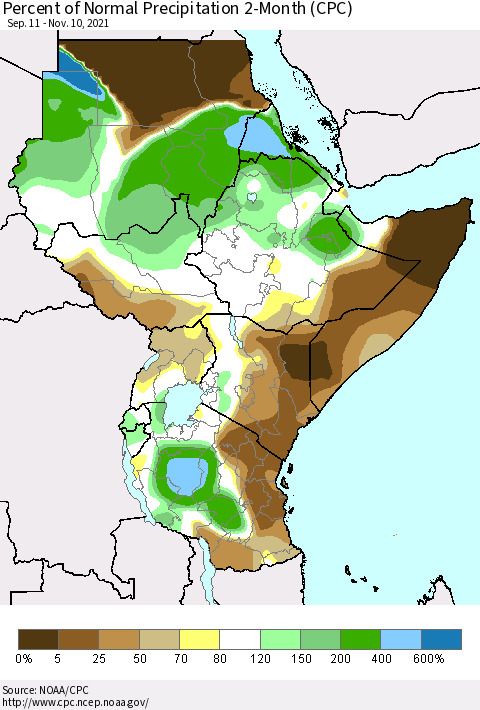 Eastern Africa Percent of Normal Precipitation 2-Month (CPC) Thematic Map For 9/11/2021 - 11/10/2021